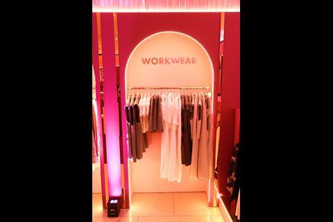 Interior of Shein pop-up, Oxford Street, showing workwear on display